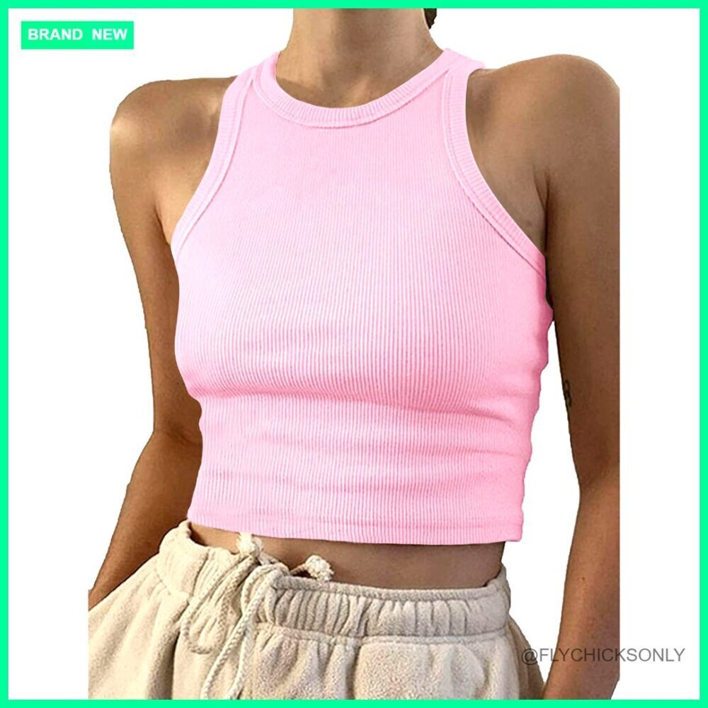 Sleeveless High Neck Rib-Knit Crop Tank Top Slim Fit Summer Casual